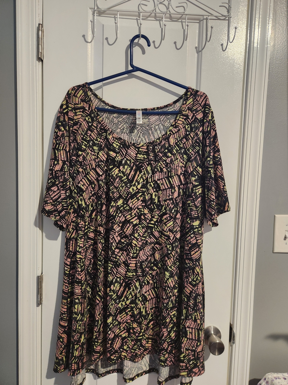 LulaRoe Womens Black Printed Swing Dress with Pink and Lime Accents